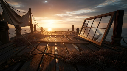Obraz premium photo depicting an eerie, atmospheric scene on what appears to be a wooden dock or the deck of an old ship at night, under a bright moon. Old Harbour.