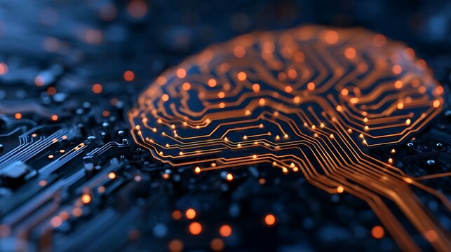 An intricate representation of a brain made from circuit board patterns, glowing with orange and blue light against a dark background.