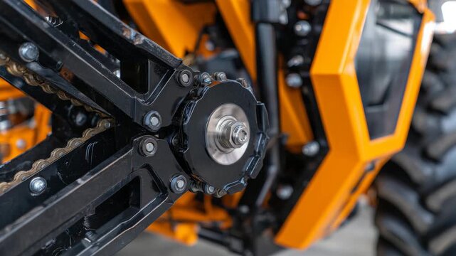 131Detailed view of interlocking steel mechanisms with a circular metal wheel in sharp focus, orange panels and black structural parts creating bold mechanical contrast
