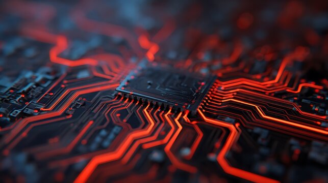 A close-up view of a computer circuit board highlighted by red lines and a central chip, showcasing modern technology and intricate designs.