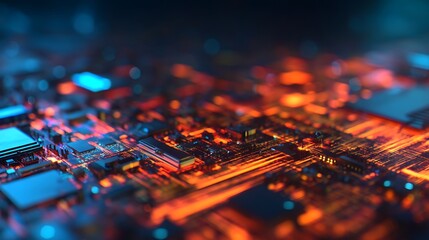 A close-up view of a vibrant, illuminated circuit board with intricate patterns and glowing components, showcasing advanced technology.