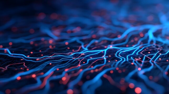 A close-up view of vibrant, interconnected lines and nodes, resembling a digital network or electronic circuit in blue and red hues.