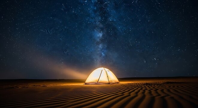 Illuminated tent under a vast starry night sky with the milky way