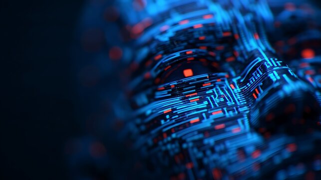 A close-up view of a digital face, showcasing intricate circuitry and glowing patterns, blending technology with human-like features.