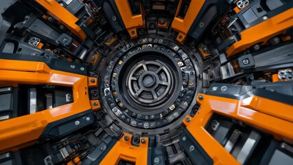 133Detailed view of interlocking steel mechanisms with a circular metal wheel in sharp focus, orange panels and black structural parts creating bold mechanical contrast