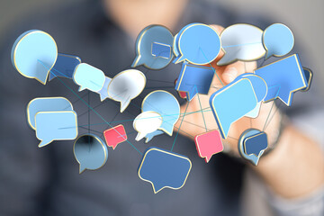 Visualize connection, communication and dialogue with digital chat bubbles and networking. Perfect for technolo