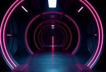 Illuminated tunnel with pink neon rings and blue floor leading into the darkness ahead - Powered by Adobe