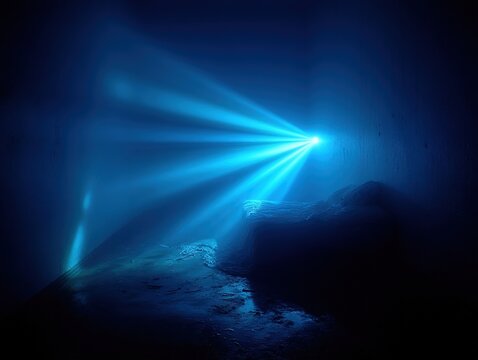Dark misty chamber pierced by radiant blue light beams, illuminating a solitary rocky form and creating an atmospheric scene filled with mystery, depth and quiet tension