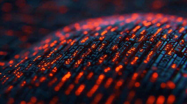 A close-up image of glowing, textured patterns resembling code or data, with vibrant red and dark elements creating a visually striking effect.