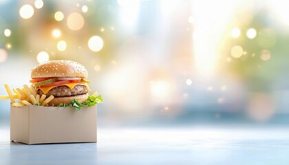 A delicious-looking cheeseburger with lettuce, tomato, pickles, and melted cheese, served with a side of golden french fries in a cardboard takeout box. The bac