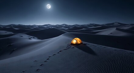 Couple embraces beside glowing campfire under a crescent moon in vast desert dunes