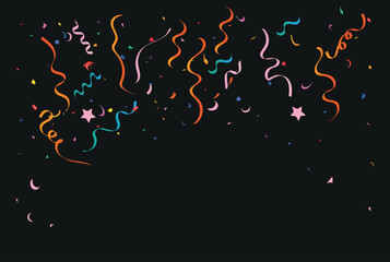 Colorful confetti streamers on dark background for festive celebration events