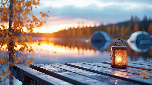 A lit lantern sits on a wooden pier overlooking a calm lake. In the background, tents are visible across the water, with autumn trees and a sunset sky reflectin - Powered by Adobe