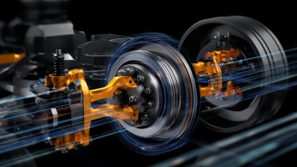 142Artistic macro view of a metal wheel assembly in motion, flanked by orange control arms and black structural joints, symbolizing mechanical innovation
