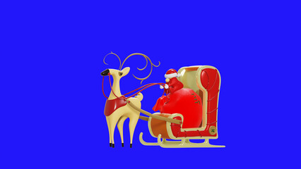 Santa and Deer on blue monochrome. 3d render illustration. 