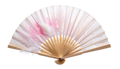  White and Pink Feather Hand Fan on Transparent