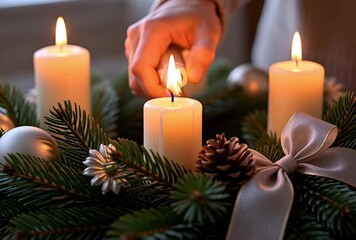 Hand lighting a candle on an advent wreath with ornaments and pine branches for christmas season