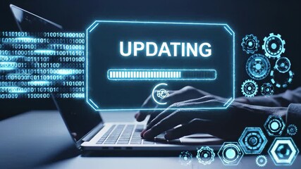Dynamic system update loading on computer screen with binary code, digital progress - Powered by Adobe