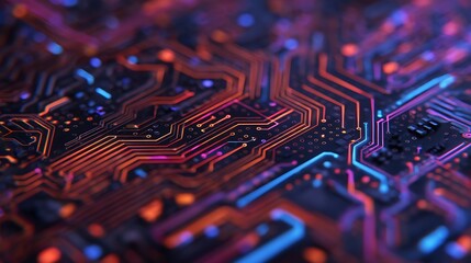 A vibrant close-up of a circuit board, showcasing intricate patterns and colorful connections, highlighting technology's complexity.