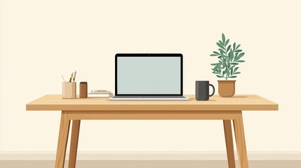 Fototapeta premium Flat vector illustration of a minimalist workspace featuring a laptop, coffee mug, and potted plant on a wooden desk. Modern office design concept.