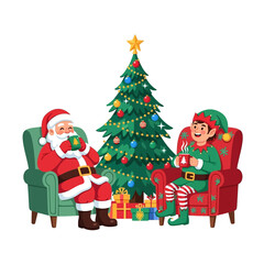 Fototapeta premium Santa and Elf Relaxing by Christmas Tree with Gifts Sharing Cozy Holiday Moment