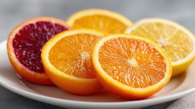 A vibrant display of sliced citrus fruits including oranges, blood oranges, and lemons on a white plate. Perfect for healthy eating or cooking. - Powered by Adobe