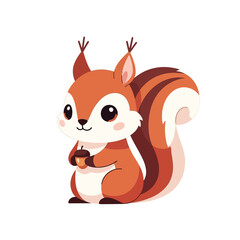 Adorable cartoon squirrel with fluffy tail holding a tiny acorn on a white background