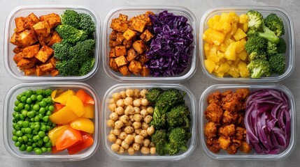 A variety of healthy meal prep containers filled with colorful vegetables and fruits, perfect for nutritious eating and meal planning.