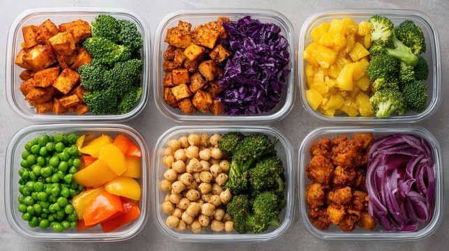 A variety of healthy meal prep containers filled with colorful vegetables and fruits, perfect for nutritious eating and meal planning.