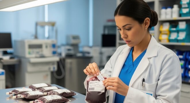 A laboratory technician examines blood bags in a clinical setting, showcasing professionalism and attention to detail in healthcare.