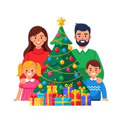 Joyful family celebrating Christmas together around a decorated tree at home scene