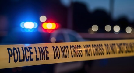 Police line do not cross tape at night with flashing lights and blurred background scene at night