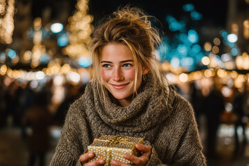 Smiling young woman in a cozy sweater holding a small glittery gift box with a red ribbon, standing in front of warm golden bokeh lights, conveying Christmas spirit, giving, and festive holiday