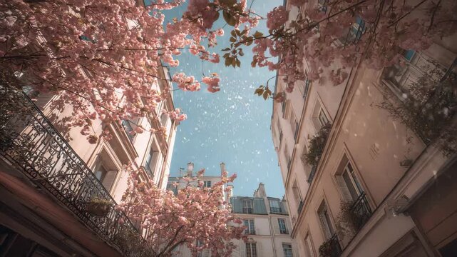 an upward view of blooming cherry blossoms above a quiet Parisian cafe street, soft blue spring sky in the background, petals drifting gently through the air
