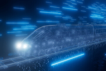 A train is shown in a blue and white color scheme