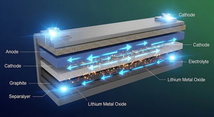 Cutaway graphic of a battery layered with components and directional flow arrows annotated with labels