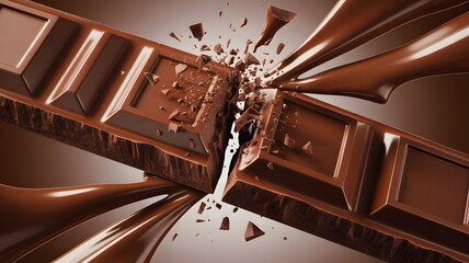 Close up of a chocolate bar breaking apart with pieces flying