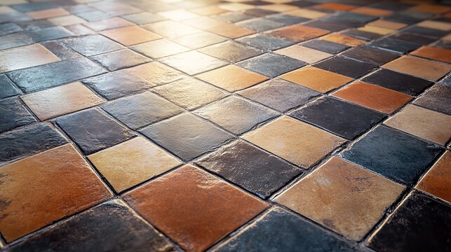 Warm light illuminating a traditional terracotta and stone tiled floor with a geometric checkerboard design - Powered by Adobe