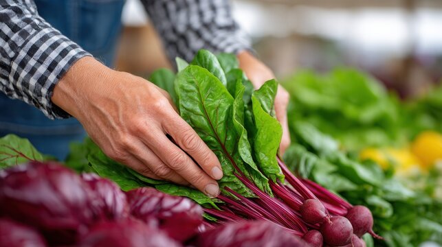 A person selecting fresh organic vegetables, including beets and greens, at a vibrant farmers market. The scene conveys health and sustainability.