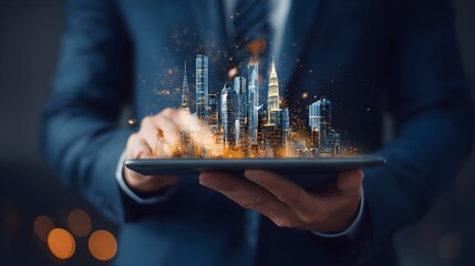 Businessman in blue suit holding tablet projecting holographic buildings. Concept: smart business technology, digital transformation, urban innovation, corporate growth, futuristic data visualization,