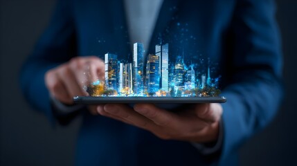 Businessman in blue suit holding tablet projecting holographic buildings. Concept: smart business technology, digital transformation, urban innovation, corporate growth, futuristic data visualization,