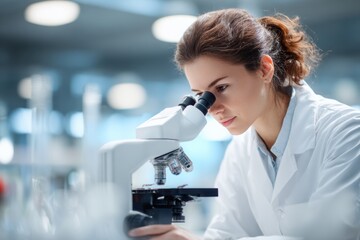 Female scientist in a laboratory wearing a white coat, intently examining samples through a microscope, showcasing dedication to research and scientific discovery in a modern environment