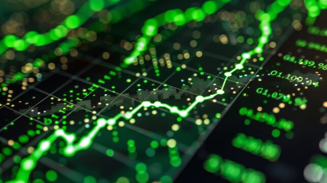 Illuminated green upward trend stock market graph on a digital display representing growth - Powered by Adobe