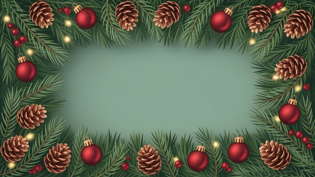 Christmas pine branches with red ornaments and pinecones - Powered by Adobe