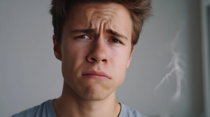 Fototapeta premium Close up portrait of a young man with a deeply worried and troubled expression accompanied by an abstract graphic symbolizing lightning
