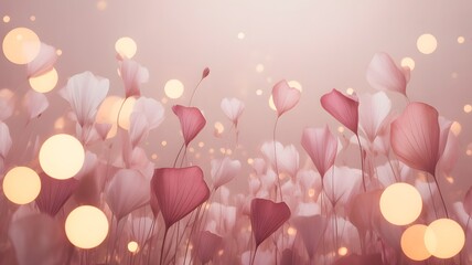 Soft focus pink heart balloons and bokeh lights celebration background
