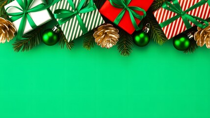 Christmas gifts pine branches and ornaments on green background