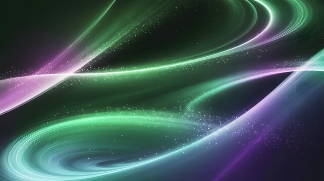 Abstract swirling neon light trails in purple and green