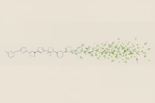 Chemical structure with green leaves dispersing on light background bioplastic chemical structure