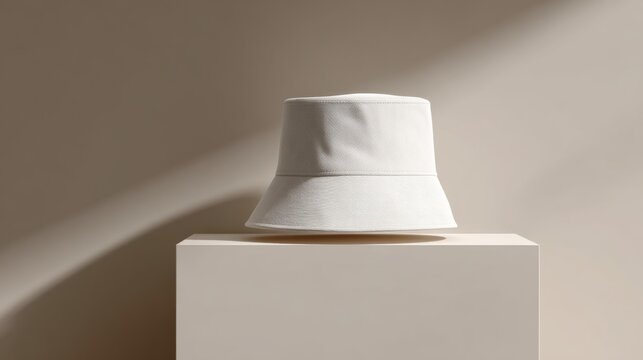 Minimalist white canvas bucket hat product display on a beige podium with soft shadow